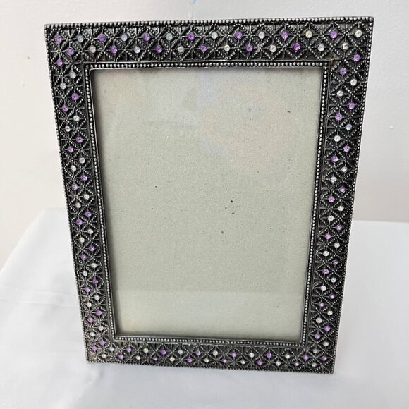 Vintage Gun Metal Picture Frame With Purple & Clear Gem Accents For 4x6 Photos - Picture 2 of 5